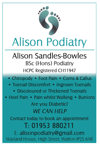 Alison Sandles-Bowles BSc(Hons) HCPC MChs serving Swaffham - Foot Health